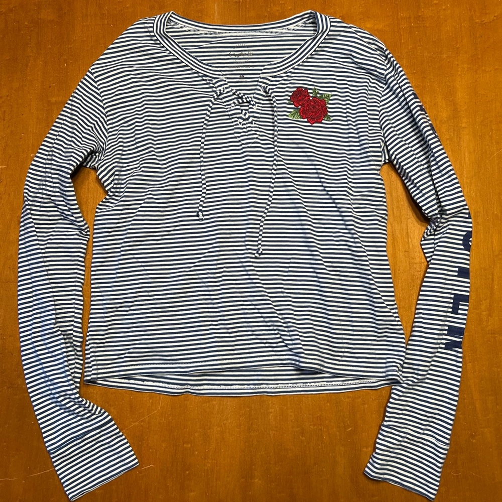 Hollister Navy and White Striped Long Sleeve Shirt with Rose Embroidery